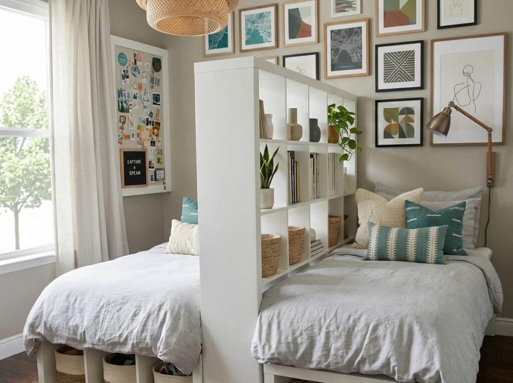 Title: Shared Kids Bedroom With Room Divider
Alt Text: Shared children's bedroom divided by open shelving and a soft rug
Image Suggestion: Use a lifestyle photograph showing two sibling zones separated naturally by a low bookshelf, rug, or open shelving unit.