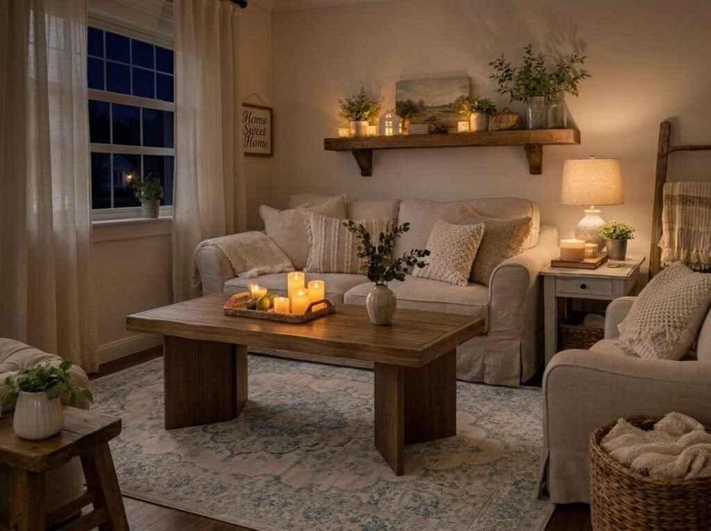 Cozy farmhouse living room with neutral sofa wooden table and rustic decor
