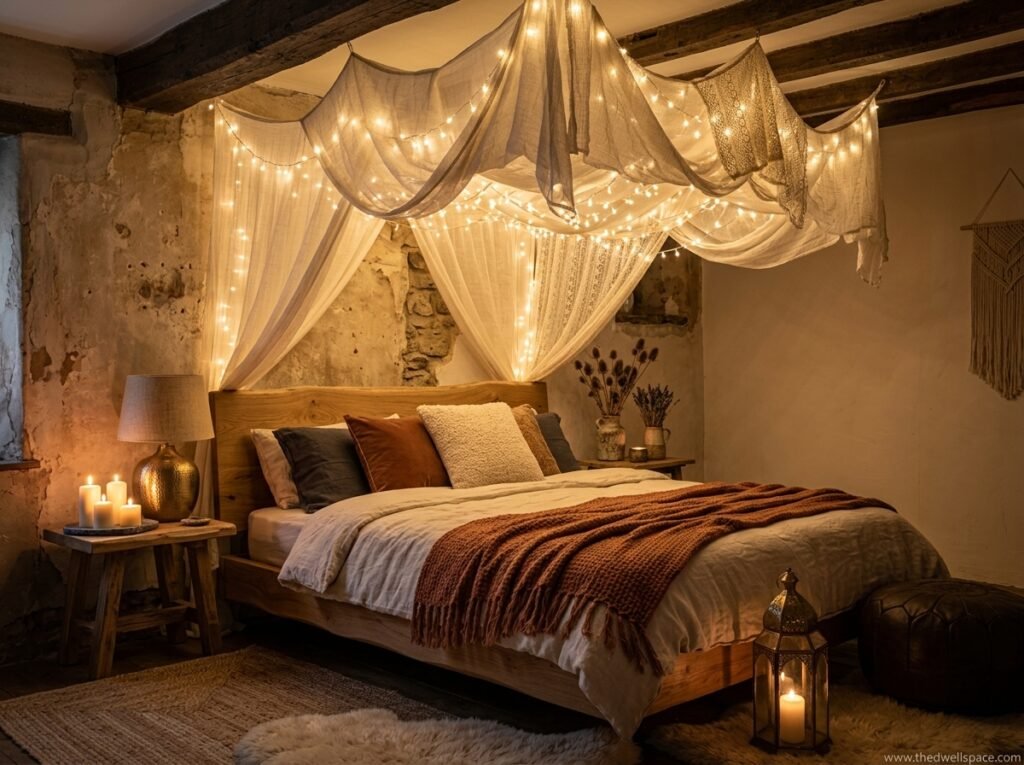 String lights as ambient boho bedroom lighting for a small room