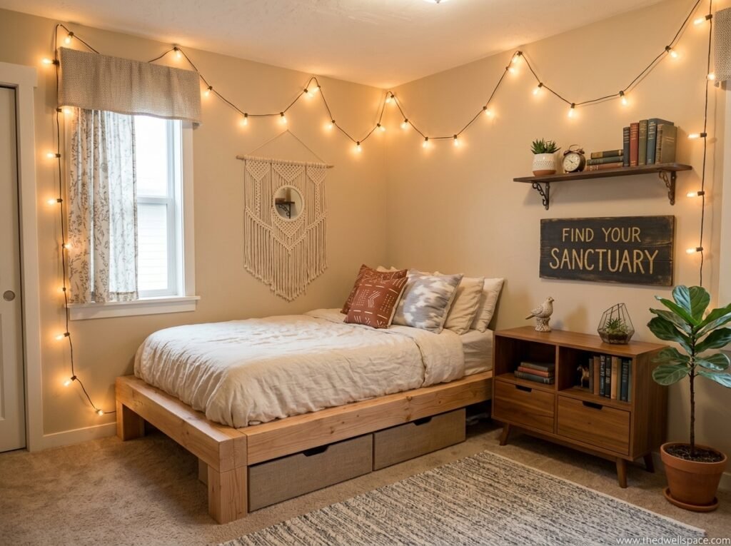 Multi-functional boho bedroom furniture for small rooms including a storage ottoman