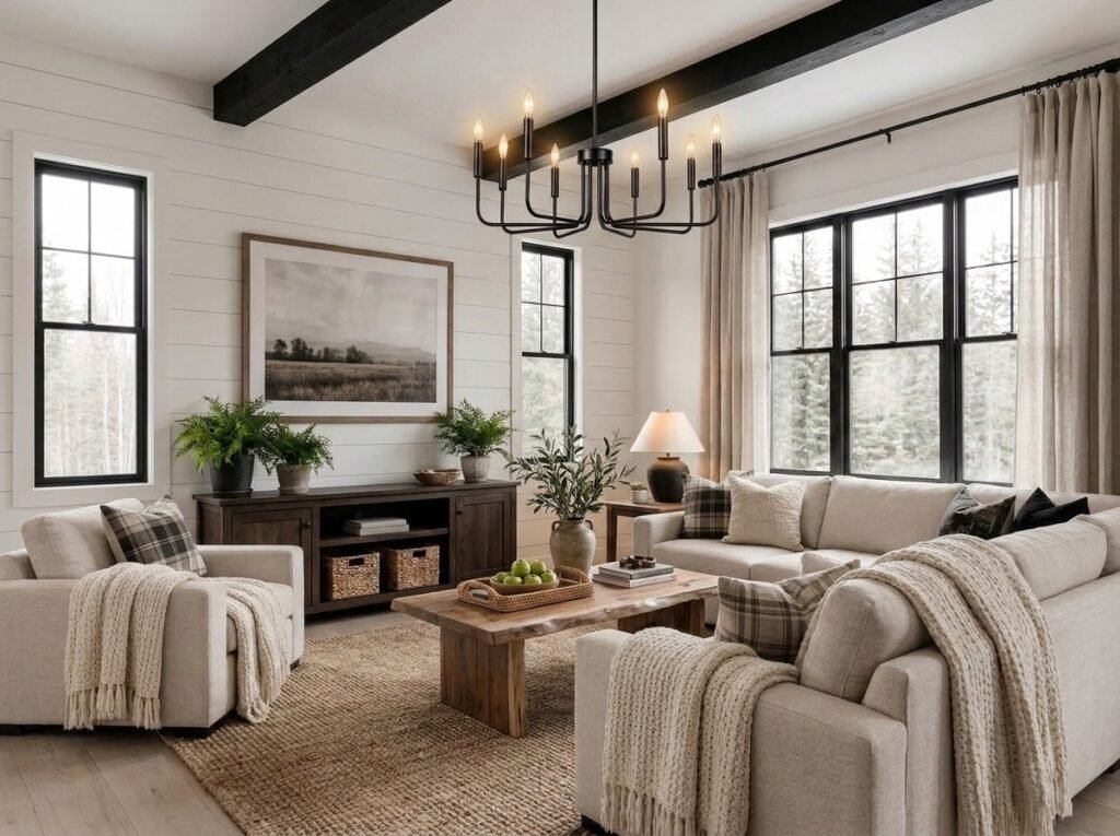 Cozy modern farmhouse living room with neutral sofa, wood furniture, plants and textured decor