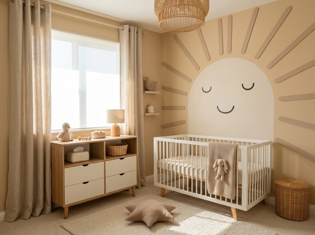 Cozy neutral nursery with beige walls and wooden furniture