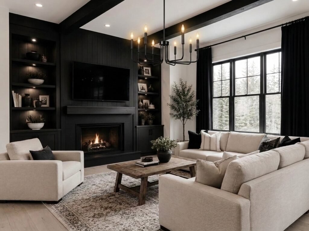 Black farmhouse chandelier above a cozy modern living room