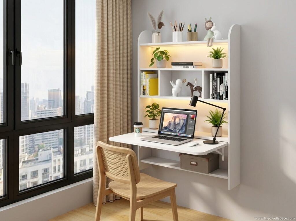 Image Title: Floating Desk Home Office
Alt Text: Wall-mounted floating desk creating a compact studio apartment office
Image Suggestion: Use a minimalist workspace photo showing a floating desk, laptop, small task lamp, wall shelves, and chair tucked underneath.