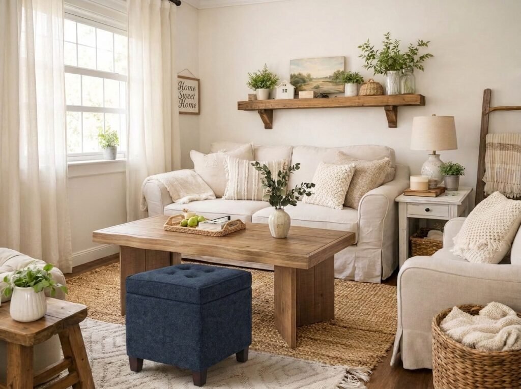 Compact farmhouse sofa and storage ottoman in a small living room