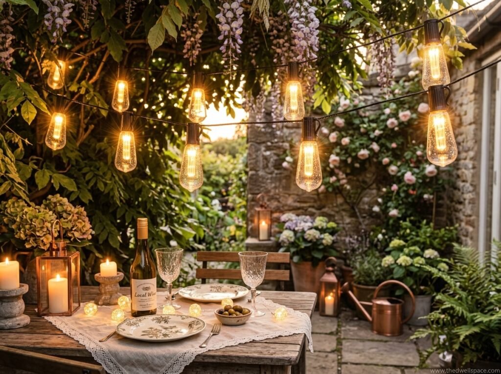 Solar string lights illuminating a small patio at night