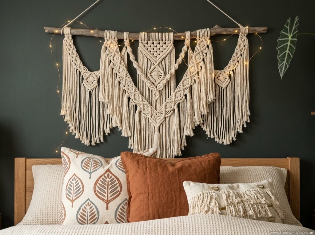 Large macrame wall hanging as boho wall decor above a bed in a small bedroom