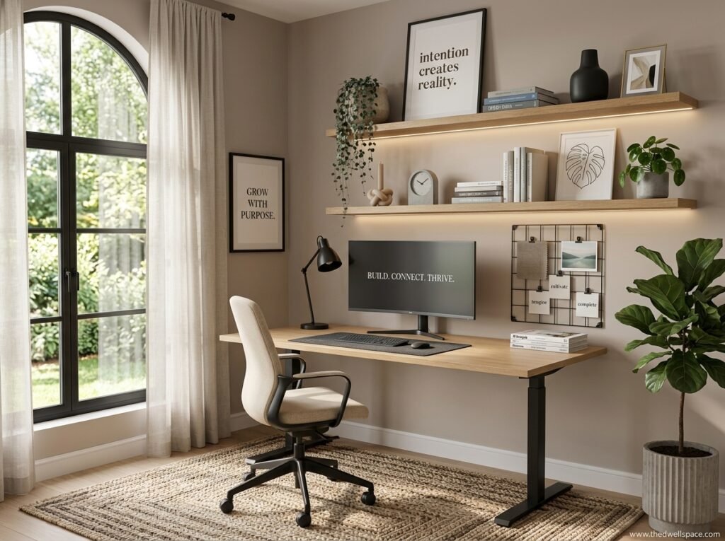 Stylish modern home office with desk, chair, plant, and natural light