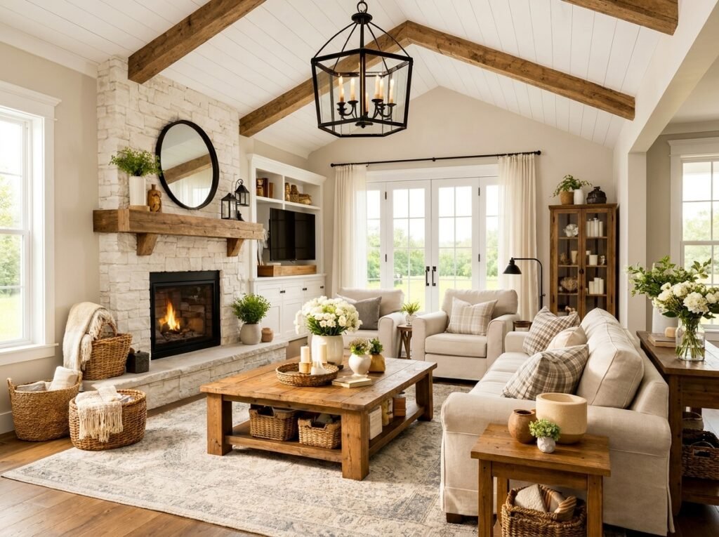  Modern farmhouse living room with warm neutral walls and natural wood furniture