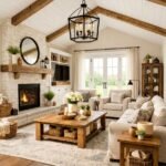 Modern farmhouse living room with warm neutral walls and natural wood furniture