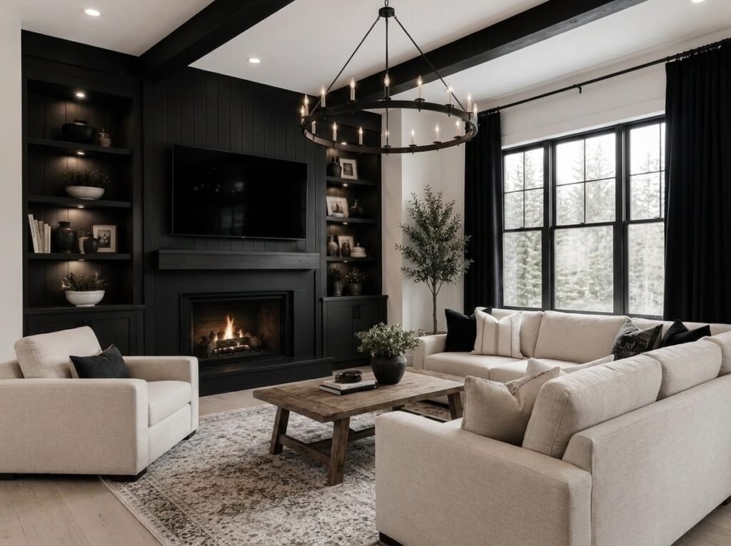 Modern farmhouse living room with matte black lighting and neutral furniture