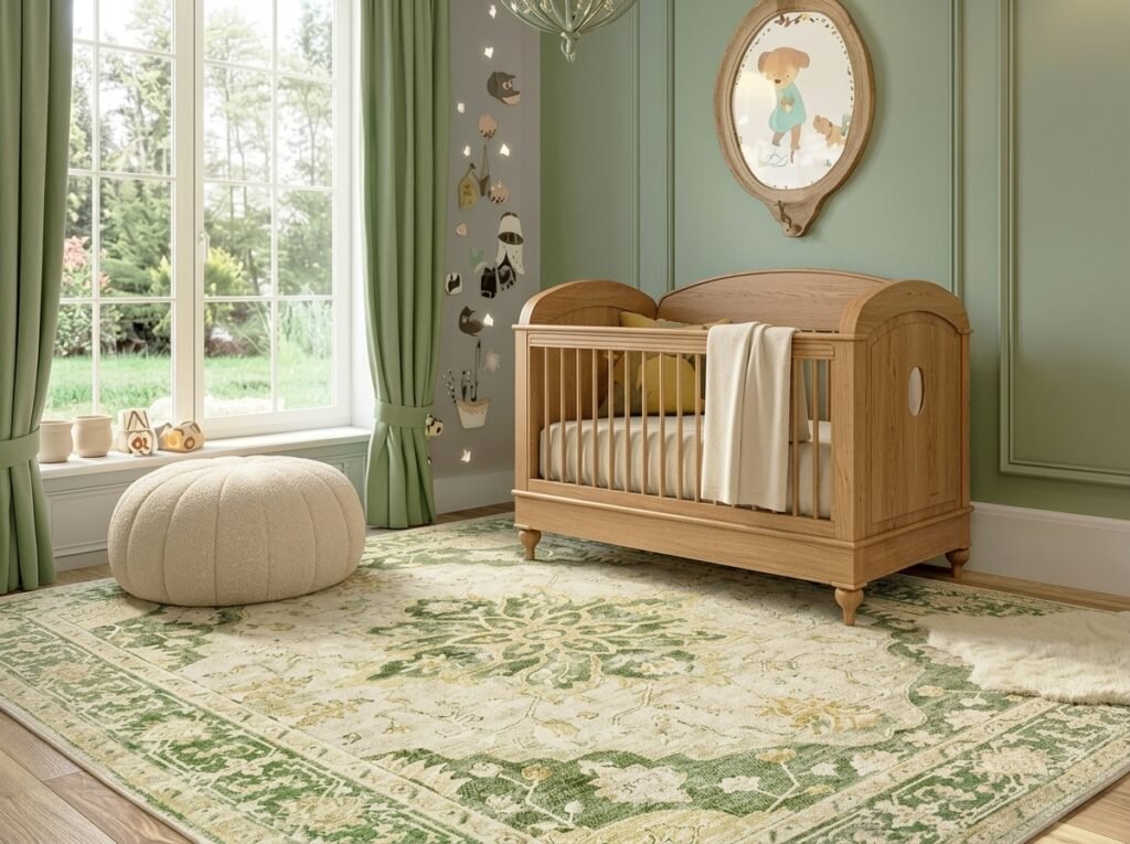 Sage green nursery with neutral furniture and decor
