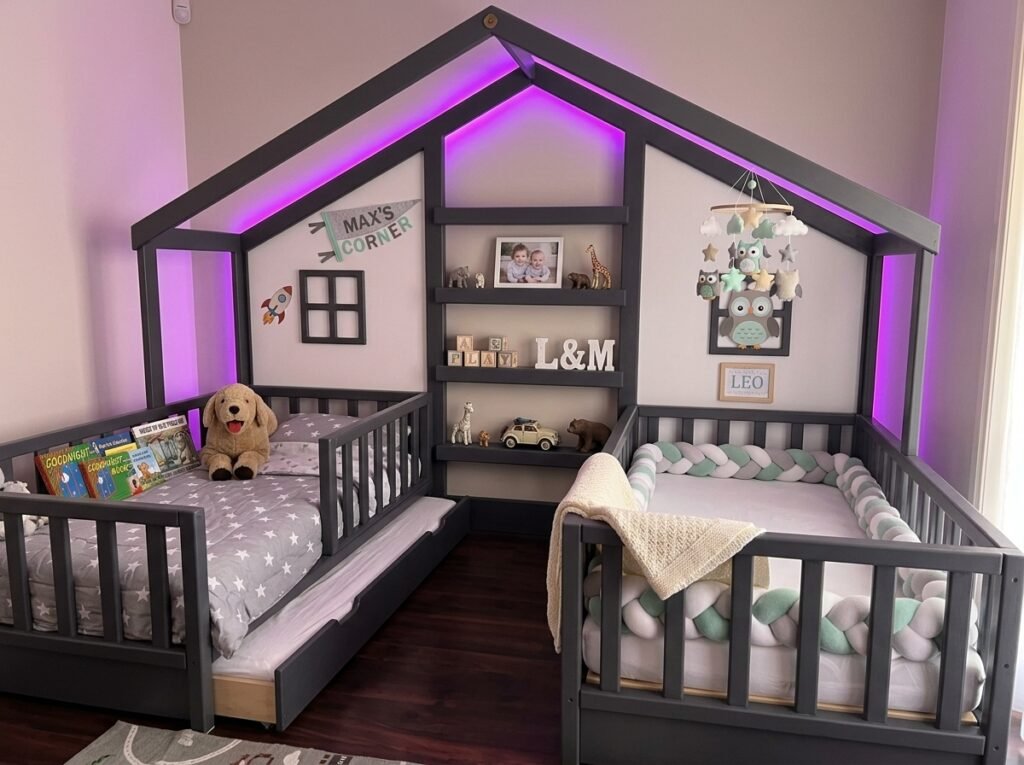 Cozy shared nursery and kids bedroom with two personalized spaces