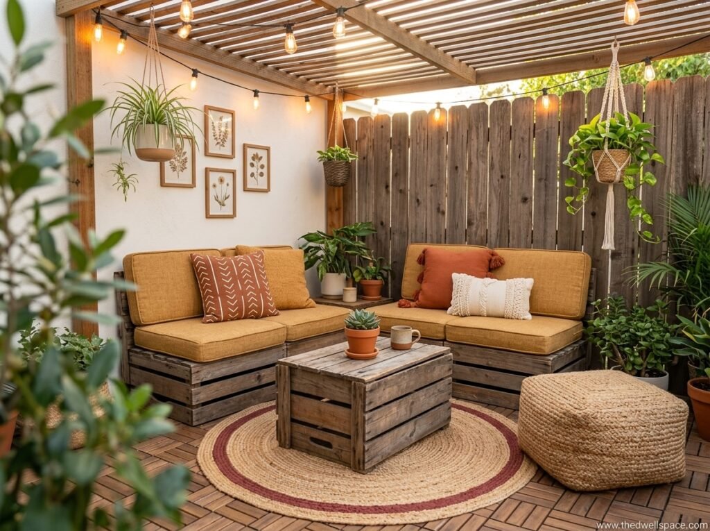 Small patio decorated with affordable outdoor furniture, plants, rug, and warm string lights