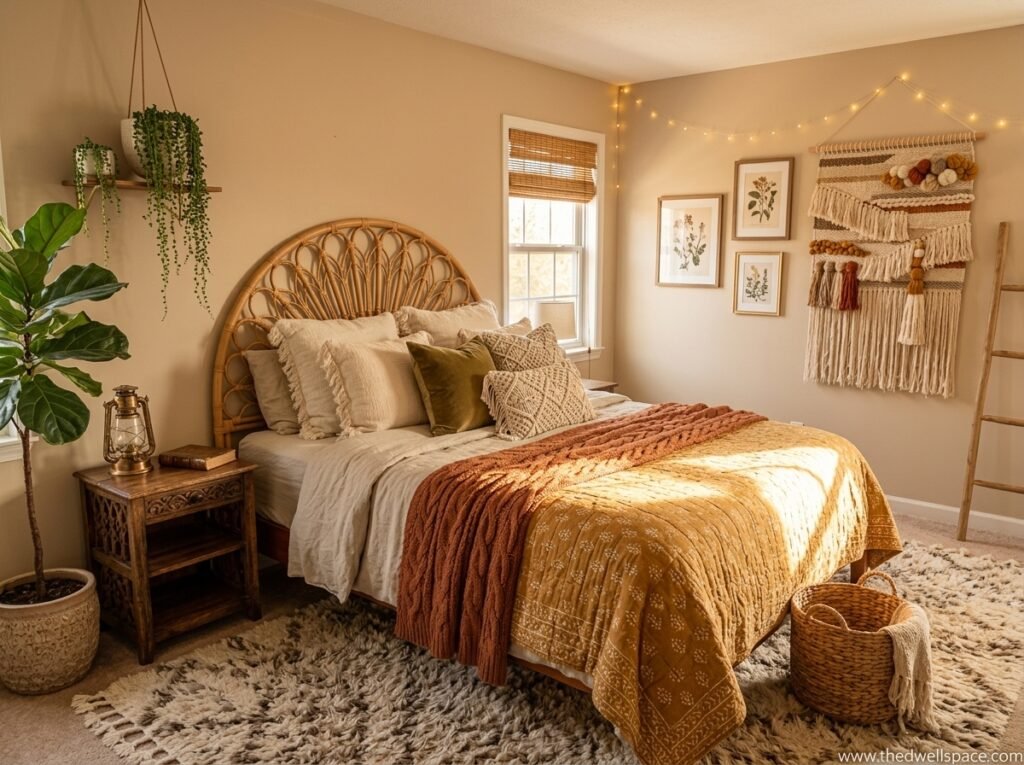 Boho bedroom ideas for small rooms with a low platform bed and woven textures