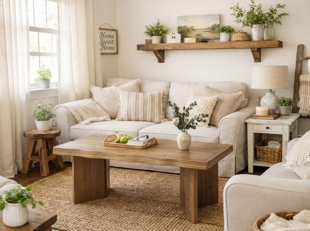 Small farmhouse living room with neutral sofa and natural wood furniture