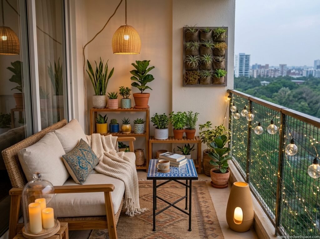  Small apartment balcony decorated with a bistro table, string lights, and potted plants 