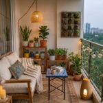Small apartment balcony decorated with a bistro table, string lights, and potted plants