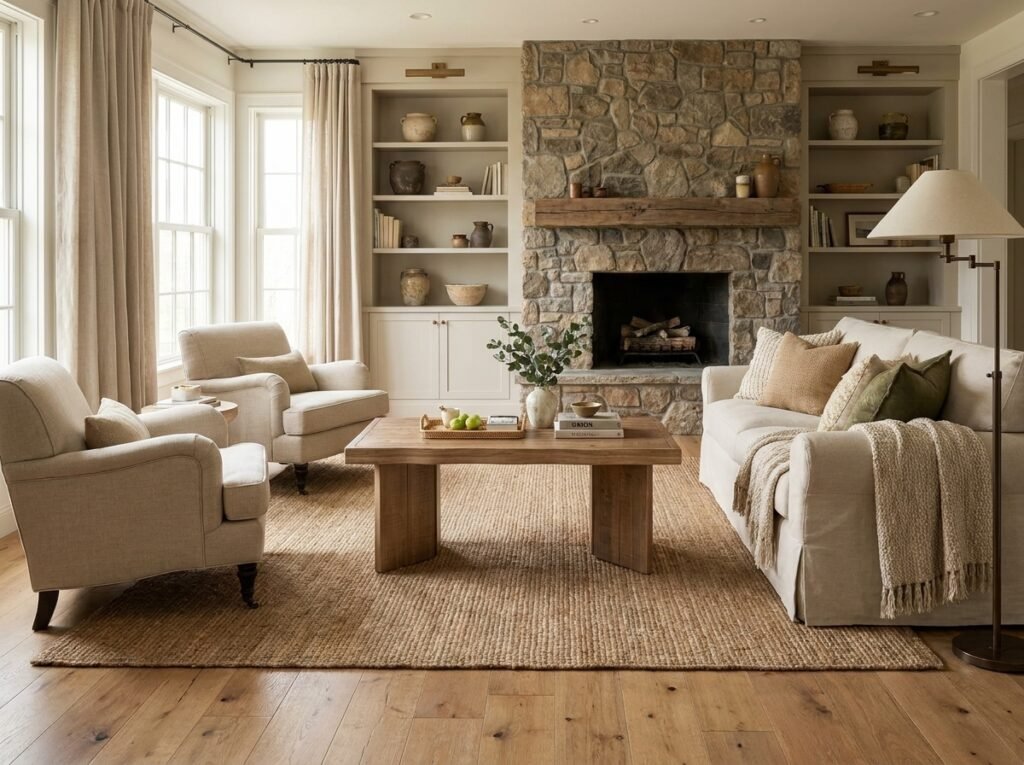 Natural wood coffee table in a modern farmhouse living room