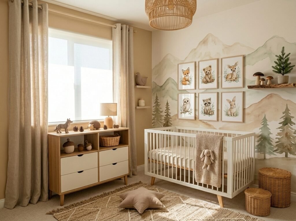 Woodland nursery with animal wall art and natural decor