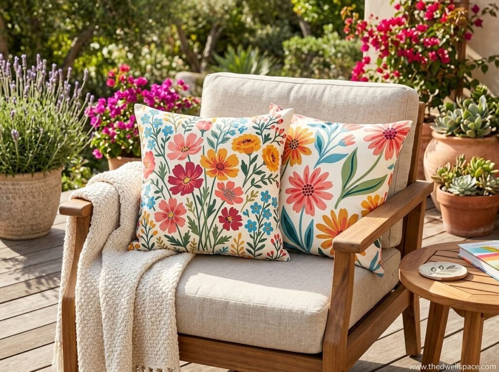 Floral outdoor pillows styled on a neutral patio chair